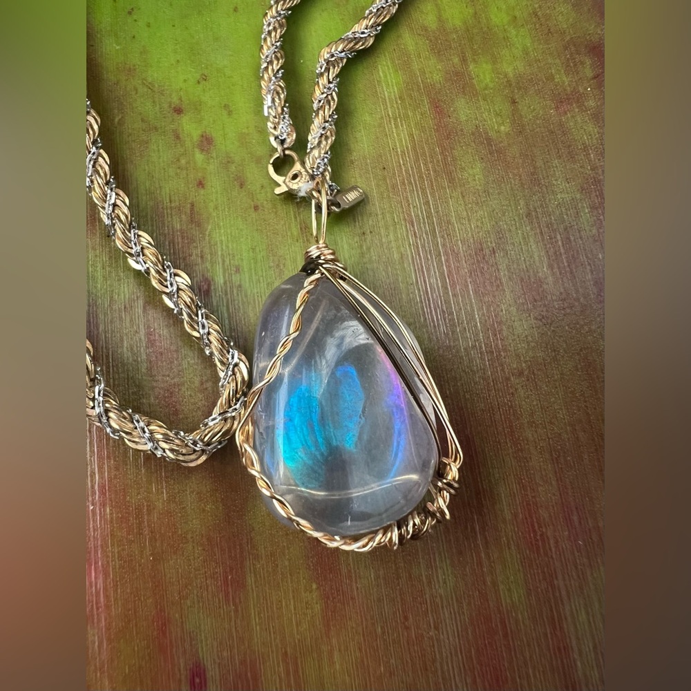 Aura Gemstone Wrapped Pendant w/ Vintage Monet Chain | 18" - Picture 4 of 15